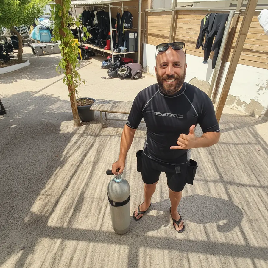Rafael Alcalde, instructor de buceo, con botella de Nitrox en el centro de buceo de La Azohía